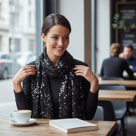 Black Sequin Scarf With Sheer Fabric Lightweight Elegant Design 21" Wide x 35.5" - Picture 14 of 16